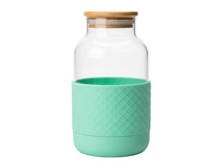 Isolated storage jar with a wooden lid, an aqua silicone grip, and clear container body