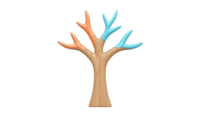 Isolated modern colorful tree coat rack featuring orange and teal branches on wood trunk