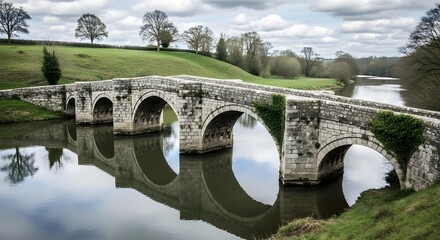 Historic stone bridge arches over a tranquil river reflecting a cloudy sky and rolling green hills.