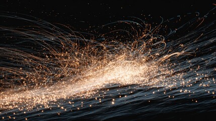 Glowing particles streak through a dark void. Many bright points converge, creating a dazzling display of light and movement