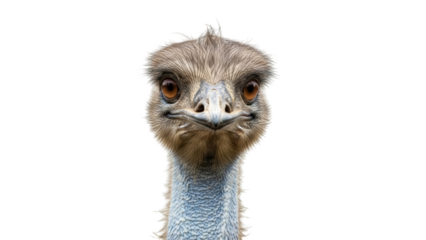 Isolated portrait of a young curious emu bird with a striking stare on a seamless background