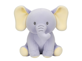 Isolated light purple plush toy elephant with yellow ears, perfect cuddly companion, cute animal