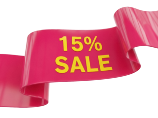 Isolated sale advertisement ribbon banner with 15 percent promotional offer on a pink stripe