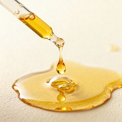 yellow oil pouring out of a pipette, drops of oil	