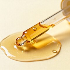 yellow oil pouring out of a pipette, drops of oil	