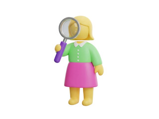 Isolated 3D cartoon person holding magnifying glass, investigation, curiosity, discovery