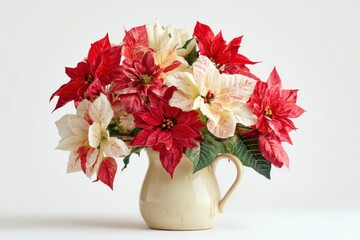 Vibrant Red and White Poinsettias in Creamy Ceramic Pitcher on White Background for Christmas Decor