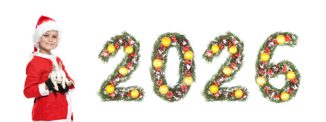 Boy Dressed as Santa Claus Holding Rabbit Beside Christmas New Year 2026 Evergreen Branch Number Decoration on white background
