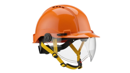 Isolated orange protective hard hat with clear visor provides essential head and eye protection
