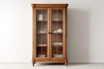 Wooden Glass Door Display Cabinet with China and Dishware in Modern Minimalist Room Interior
