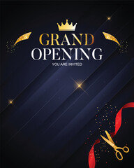 Grand opening you are invited dark background with golden crown, ribbon and scissors © Peerlesszone