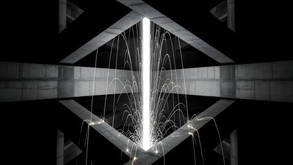 Geometric architectural forms illuminated by a dramatic vertical light sculpture and cascading