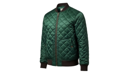 Isolated quilted satin bomber jacket in green with brown trim on a plain background