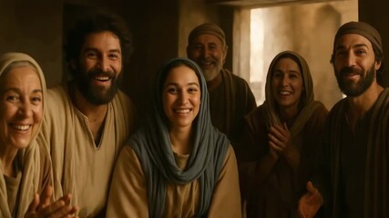A joyful biblical family welcoming someone with open arms. A historical reenactment of a happy reunion. Faith and community celebration.