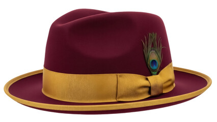 Isolated burgundy fedora hat with gold ribbon and peacock feather, stylish men's fashion