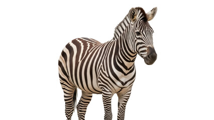 Naklejka premium Isolated zebra standing looking ahead, distinctive black and white stripes, wild animal