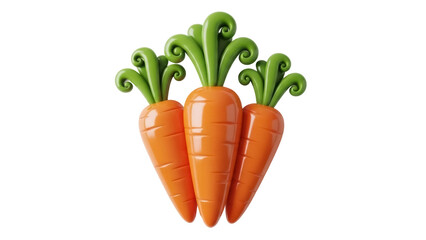Isolated, three cartoon carrots with curly green tops, fresh, healthy food concept, orange root