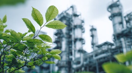 Lush green leaves in sharp focus contrast with the blurred, towering metal structures of a facility under an overcast sky