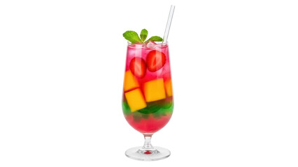 Isolated summer fruit cocktail drink with mint leaves, red strawberries, and mango cubes