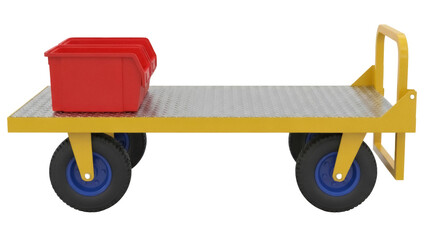 Isolated utility cart with handle, red plastic bins on diamond tread platform, on no background