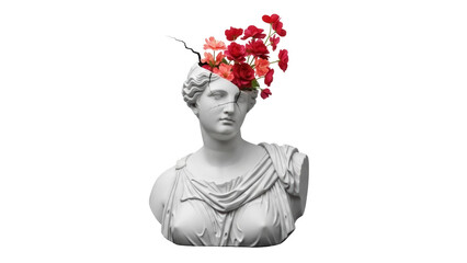 Isolated stone sculpture of a woman with a split head and red flowers blooming from it