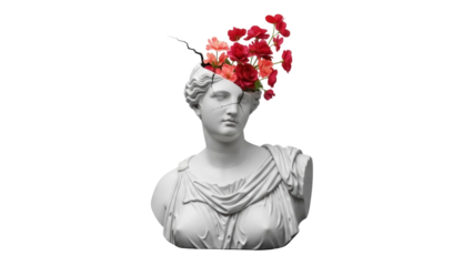 Isolated stone sculpture of a woman with a split head and red flowers blooming from it
