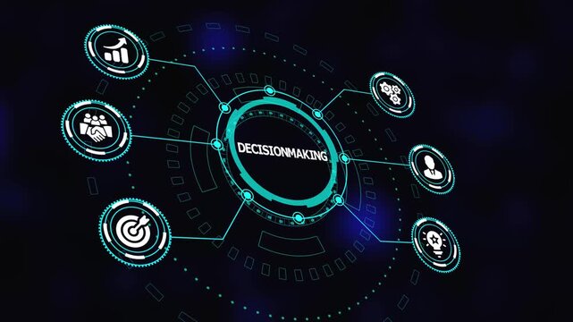 Decision-making digital infographic with tech network nodes, logical data flow chart, strategy visualization and modern analytical design.
