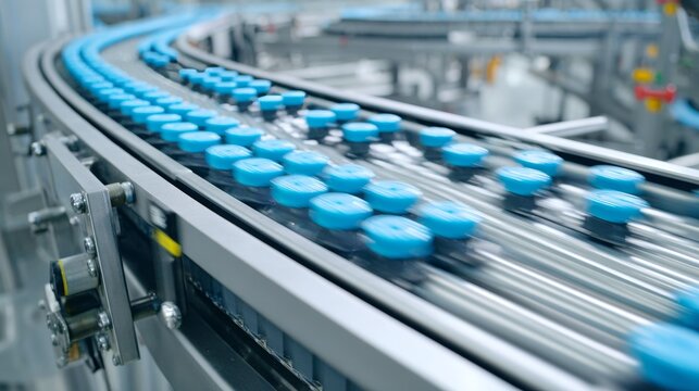 Automated manufacturing line with vials moving along a curved track; motion blur hints at rapid production