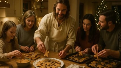 Jesus bakes gingerbread cookies with a happy family in a cozy kitchen. A multi-generational group celebrating a Christmas holiday tradition. Faith, love, and togetherness concept