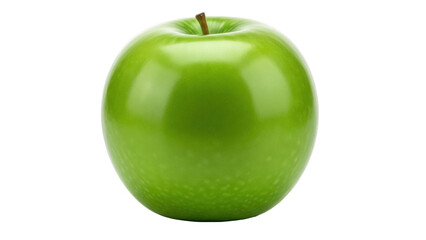 Isolated single Granny Smith apple close-up with smooth surface, green fruit with stem