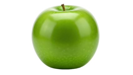 Isolated single Granny Smith apple close-up with smooth surface, green fruit with stem