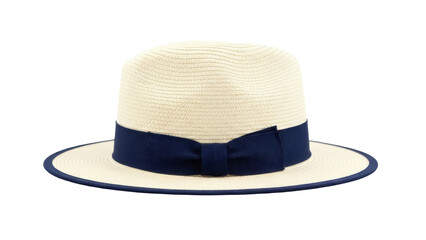 Isolated Summer Panama hat with dark blue ribbon, light beige color, natural material