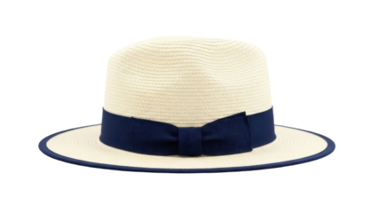 Isolated Summer Panama hat with dark blue ribbon, light beige color, natural material