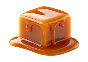 Caramel cube melting with golden syrup dripping down