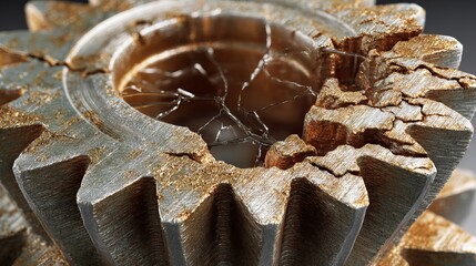 Close-up of a damaged metallic gear, showcasing cracks, corrosion, and wear. The central hub is shattered, revealing inner components
