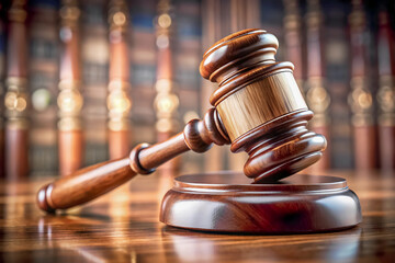 The judge's gavel, in close-up, in the courtroom, as a symbol of justice.