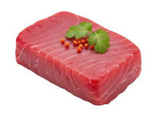 Isolated raw tuna steak garnished with spices and cilantro, healthy seafood delicacy