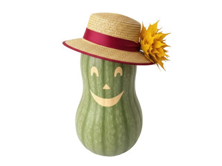 Isolated gourd wearing straw hat adorned with marigold, autumnal decor, funny face design