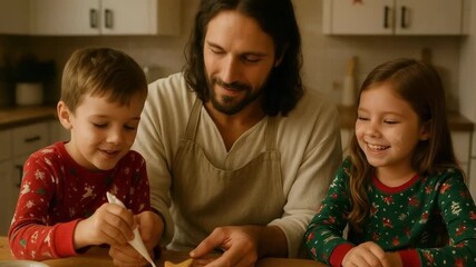 Happy father with his son and daughter decorating Christmas cookies. Family baking gingerbread together in the kitchen. Holiday traditions and family bonding concept