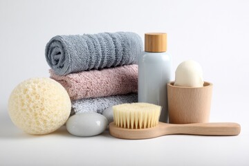 Soft Bath Essentials with Towels and Natural Soap on White Background for Relaxation Routine