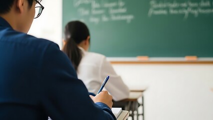 Students Writing in Classroom with Chalkboard.