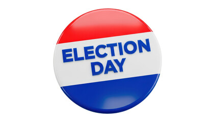 Election day button pin with red white and blue colors for voting and civic duty isolated on transparent background