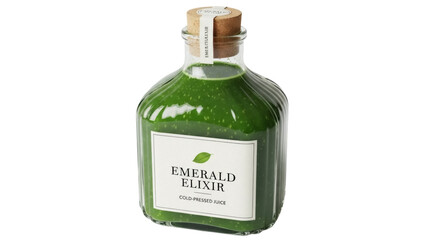 Isolated green juice bottle with a cork stopper, healthy green cold-pressed emerald elixir drink