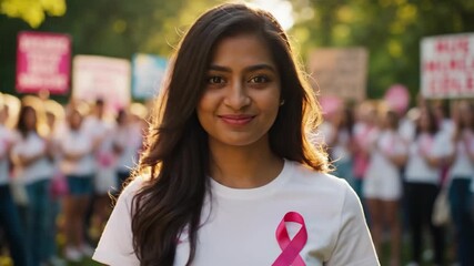 Woman wearing pink ribbon with group in background for awareness