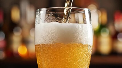Refreshing golden lager beer is expertly poured into a chilled glass creating a perfect frothy head and effervescent bubbles ready to be enjoyed in a lively bar or pub setting symbolizing relaxation .