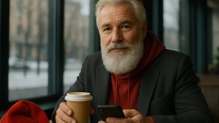 A handsome senior man with a white beard smiling in a cafe. Stylish older person holds a coffee cup and a smartphone during the Christmas holidays. Modern retirement and festive lifestyle concept