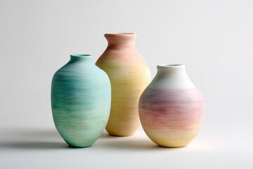 Colorful ceramic vases in pastel hues, unique textured designs, and elegant shapes on display