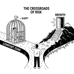 Man Choosing Between Comfort Zone Cage and Difficult Path to Growth