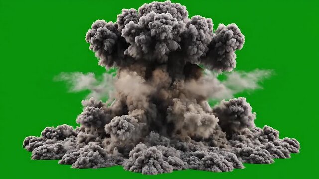 A realistic nuclear explosion isolated on a green background, depicting the massive and destructive blast of a nuclear bomb.