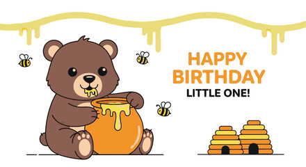 Brown Bear Enjoying Honey Pot on Happy Birthday Little One Card